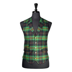 Mens Plaid Vest 42R Green Orange Wool Waistcoat Formal Casual Wedding Prom Party